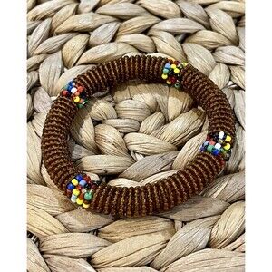 African Maasai Brown & Multicolor Seed Bead VTG Beaded Bangle Bracelet Tribal